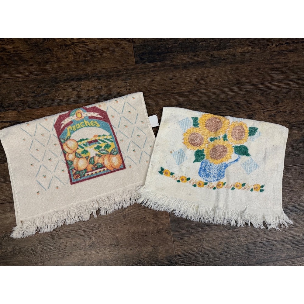 Vintage Kitchen Towels Set Fruit Peaches Sunflower Embroidered Fringe‎ Decor